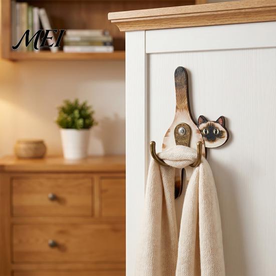 No Drill Wall Hook Cat Butt Wooden Hook, Double with Strong Adhesive Backing Corridor Organizer Durable Cat-Shaped Decorative for Keys Bags