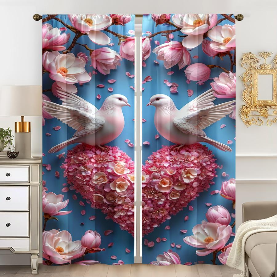 2PCS Blue Base Pink Flower White Dove Heart Curtains   Spring Blossoming Romance   Bedroom and Living Room   Pull up Pocket Style