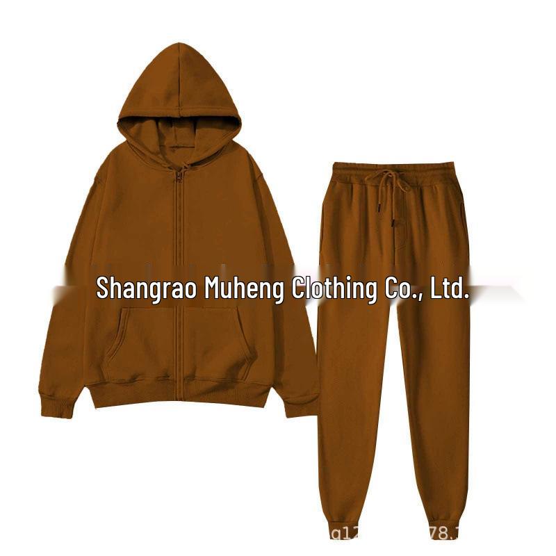 Men's Solid Color Plus Velvet Hooded Sports Set - Zipper Long Sleeve, Warm for Autumn/Winter