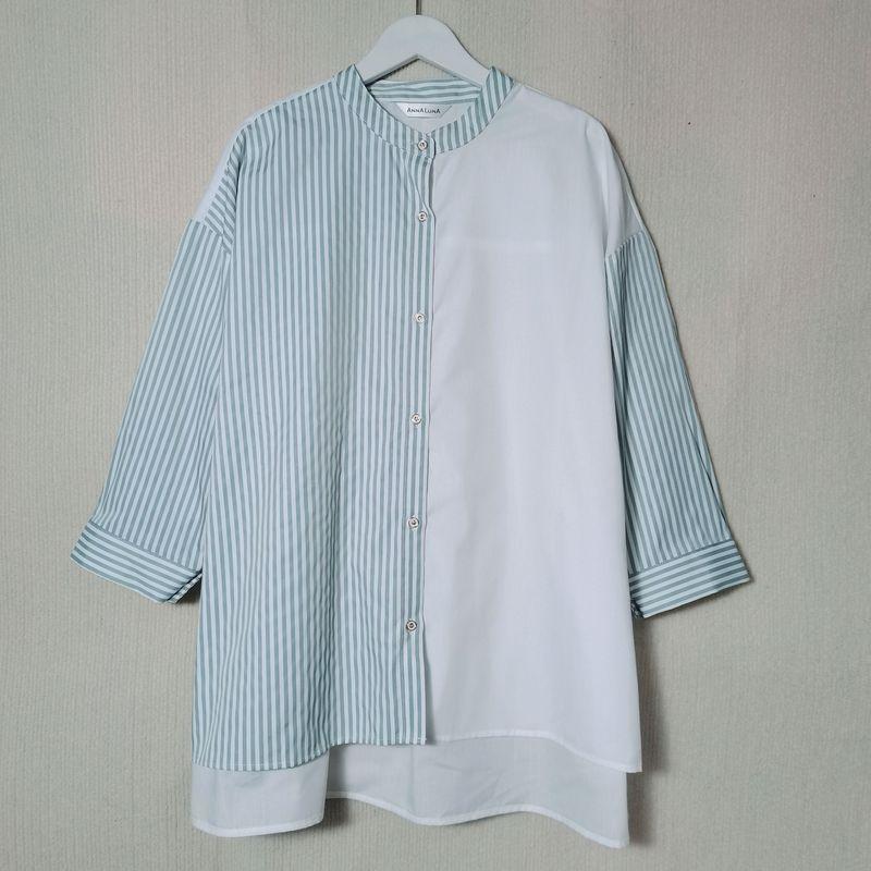 Export Fashion Original Order Front Short Back Length Stripes Patchwork Long Sleeves Shirt Female Mid Length Long Length Plus Size Literary Fan Chun