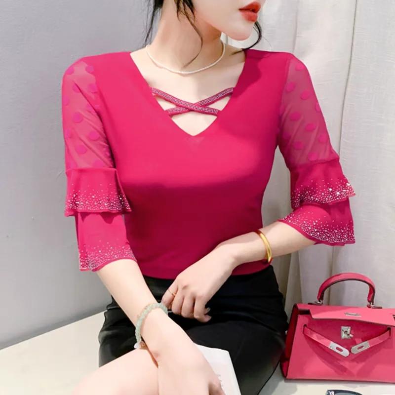 Summer European Clothes New Sexy V-neck Mesh T-shirt Hot Diamonds Women's Tops Fashion Flare Sleeve Tees