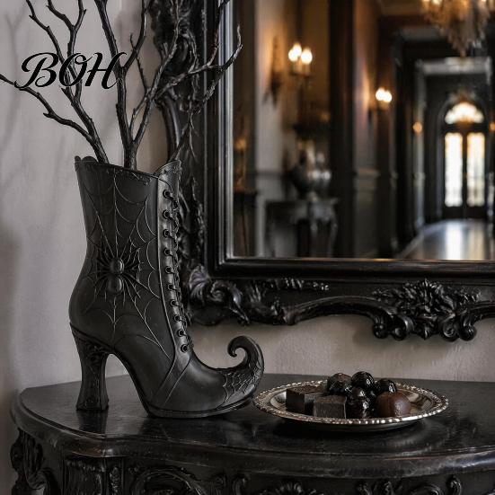 Mysterious Halloween Party Ornament Witch Boot Vase, Gothic Spider Web Flower Elegant Aesthetic Home Decor Decorative Table Centerpiece Vase
