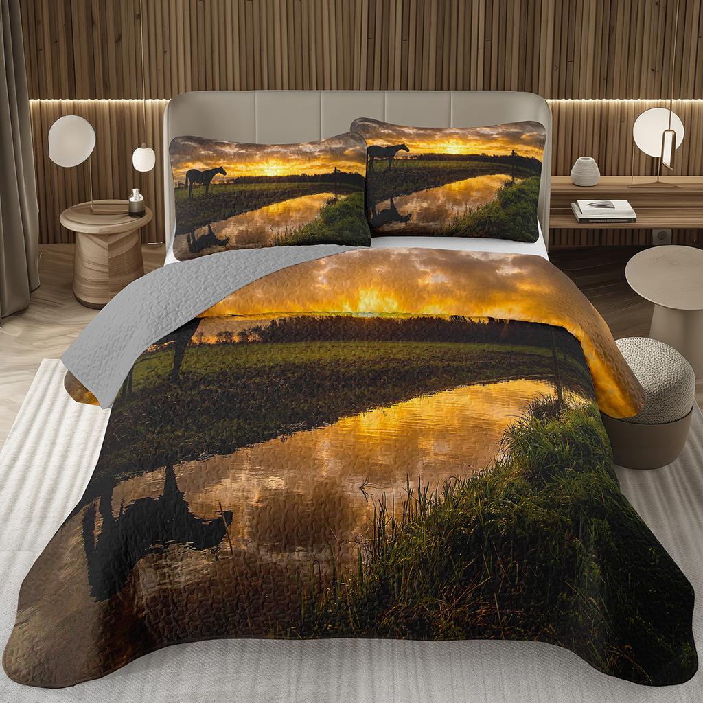 Wild Horse Bedspread Queen/Full Galloping Horse Pattern Quilted Bedding Set Farm Animal Coverlet Set Reversible Rustic Bed Cover
