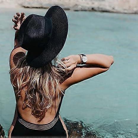 Straw Hat Ladies Summer Beach Sun Hat Wide Brim Fedora, Black