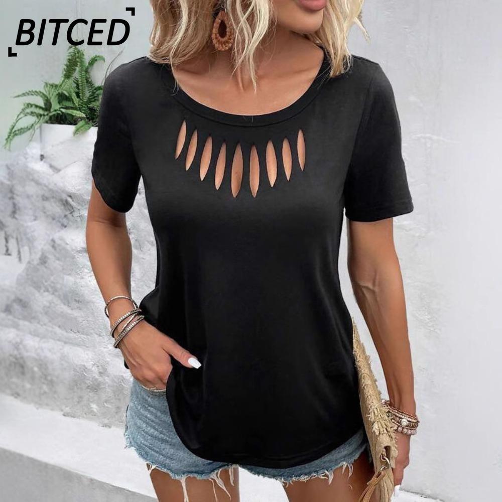 BITCED Women's Fashion Casual Solid Color Print Short Sleeve O-Neck Blouses & Shirts