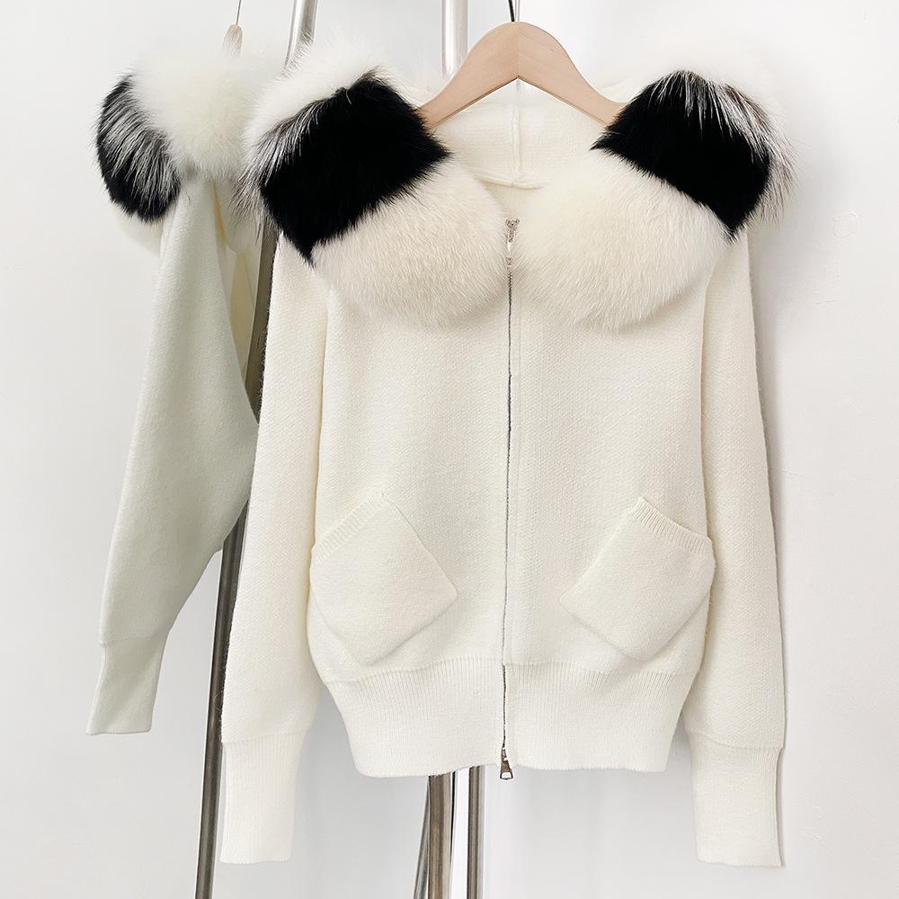 Korean Style Hooded Knit Cardigan with Large Genuine Fox Fur Collar - Luxurious Autumn/Winter Outerwear