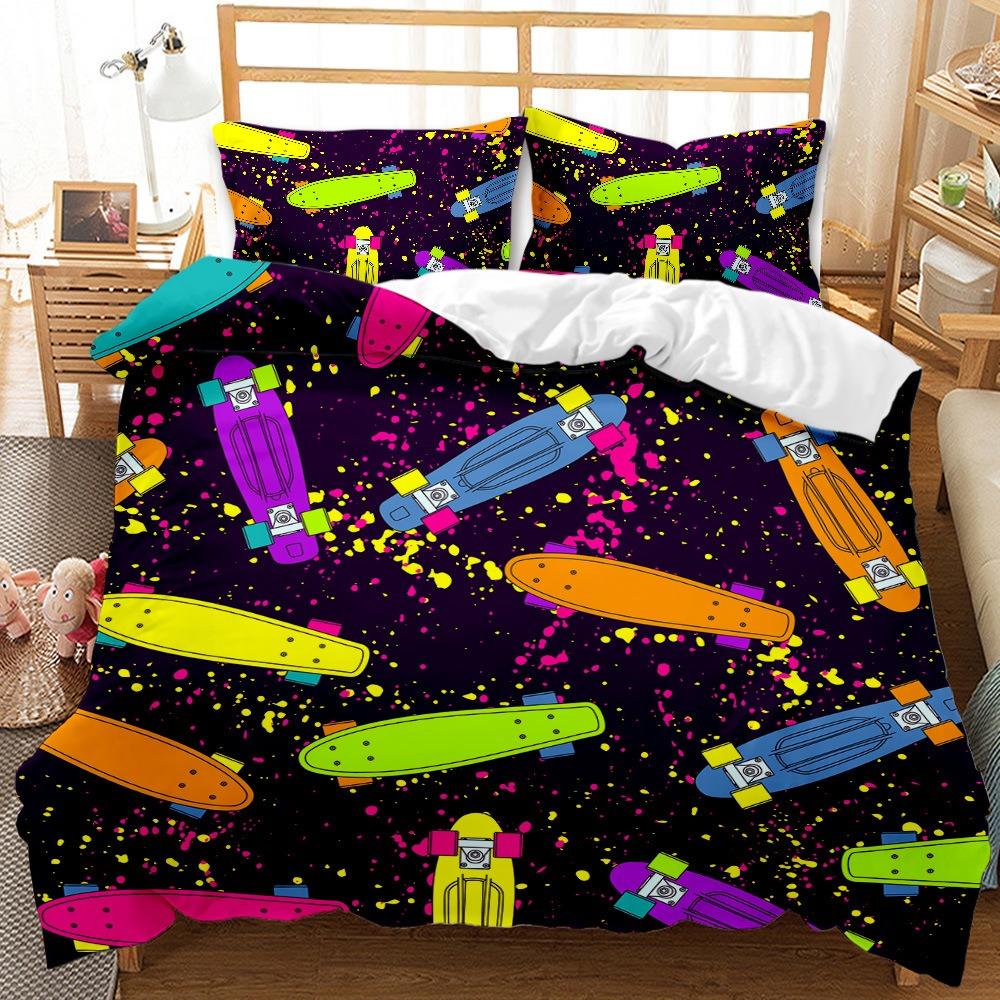 3D Printed Skateboard Bedding Set Sports Down Duvet Cover Pillowcases 2/3 Pieces for Boys Room Hip-hop Style Quick Drying Quilt Cover