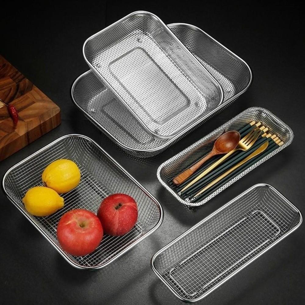 Stainless Steel Mesh Drain Basket Mesh Filtering Anti-rust Chopsticks Storage Basket Thickened Rectangle Vegetable Washing Basin