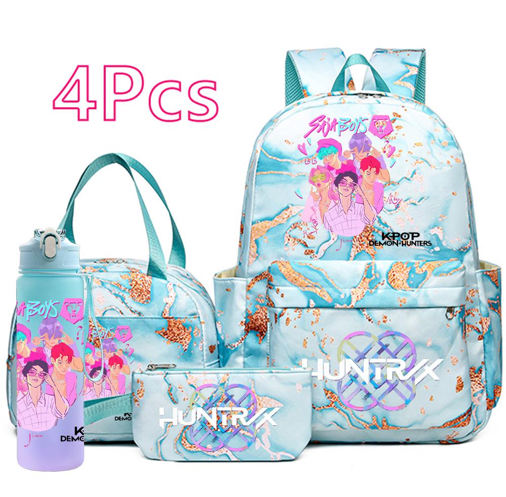 4Pcs/set Cartoon K-Pop Printed Backpack Handbag Pencil Case with 750Ml Water Bottler for Teenager Boy Girl Schoolbag Large Capacity Bookbag Mochila