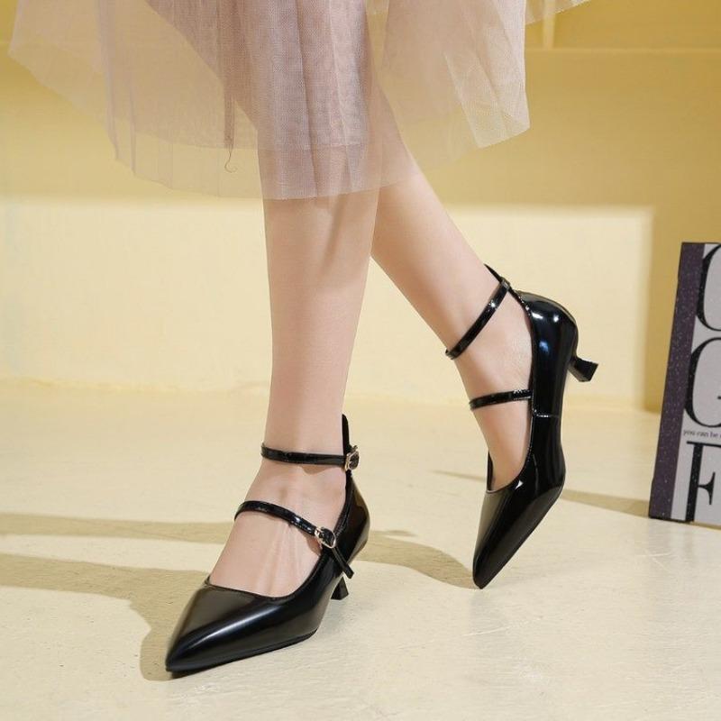 Fashion Spring New Thin Heel Shoes Women's Fashion Pointed Head Shallow Mouth Metal Buckle A Line with Non-slip Low Heel Shoes