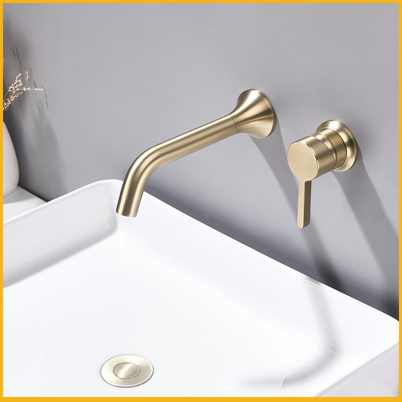 Brushed Gold Wall Mounted Brass Basin Faucet Single Handle Chrome Concealed Recessed Hot and Cold Countertop Basin Faucet