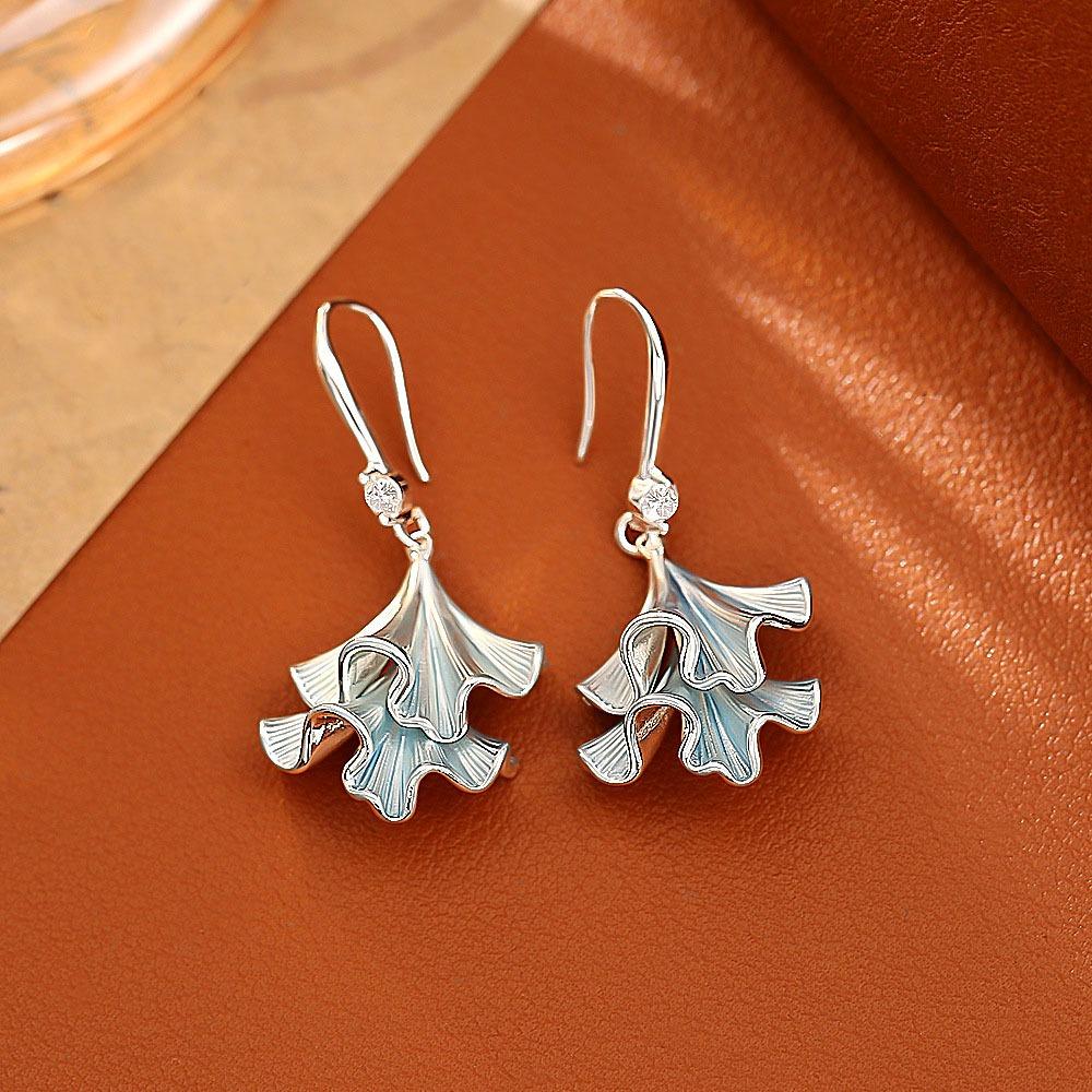 Double-layer Ginkgo Earrings Synthetic Rhinestone Sweet Earrings Jewelry Ginkgo Ear Pendant  Women синий
