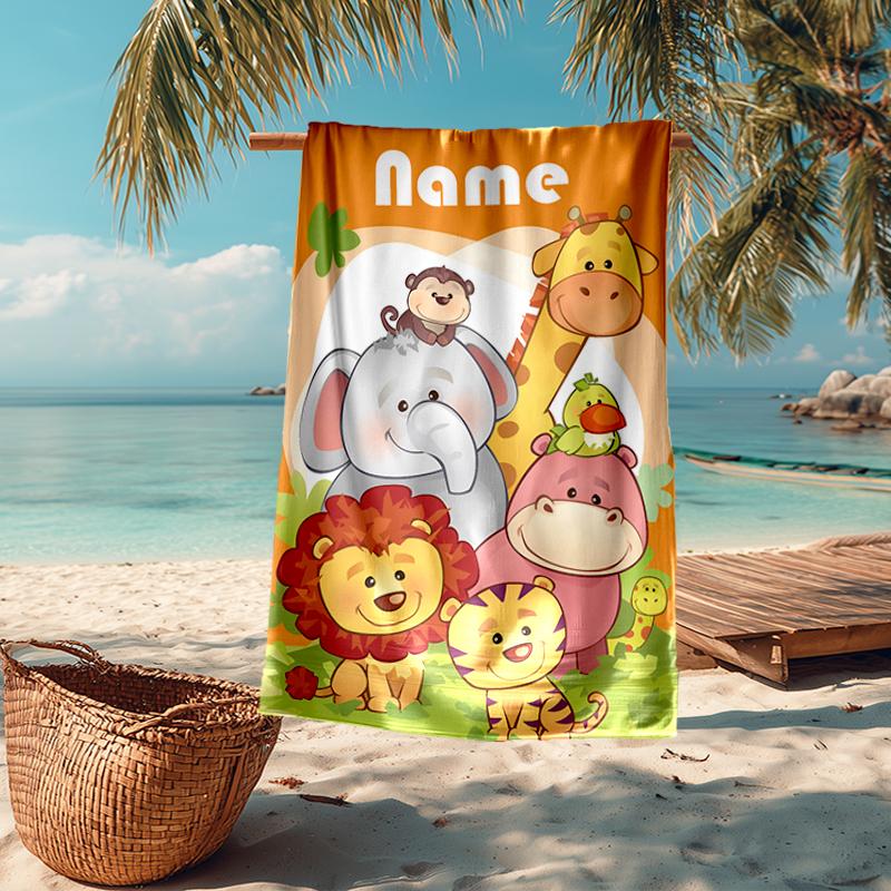 Custom Name Ultra-Soft Beach Towel with Animals Theme,Ideal for Pool - Camping, Diving - Perfect Travel Essential, Vibrant Beach Towel.