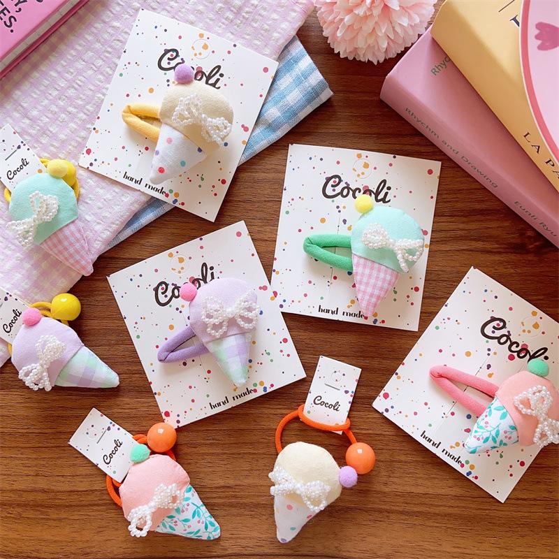 New Korean Kids Spring Summer Handmade Plaid Ice Cream Pearl Hair Ties & Cute Bow Barrettes Girls Sweet Stylish Hair Accessories