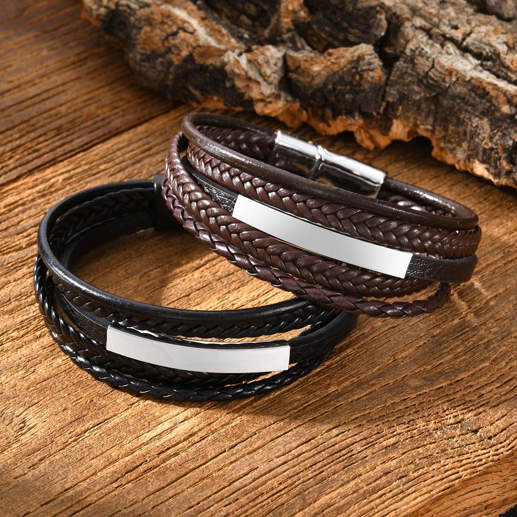 Custom Multi Layers Leather Bracelet for Men,Classic Metal Tube Handmade Braided Wristband,Gift for Husband Father Boyfriend