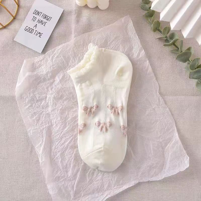 Female Spring and Summer Thin Model Sweet Lovely Lace White Boat Socks