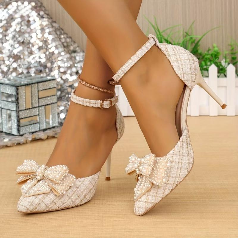 Black High Heels Women's Thin Heels Pointed Head New Year's New Bow Rhinestone Single Shoes Hollow Sandals Large Size
