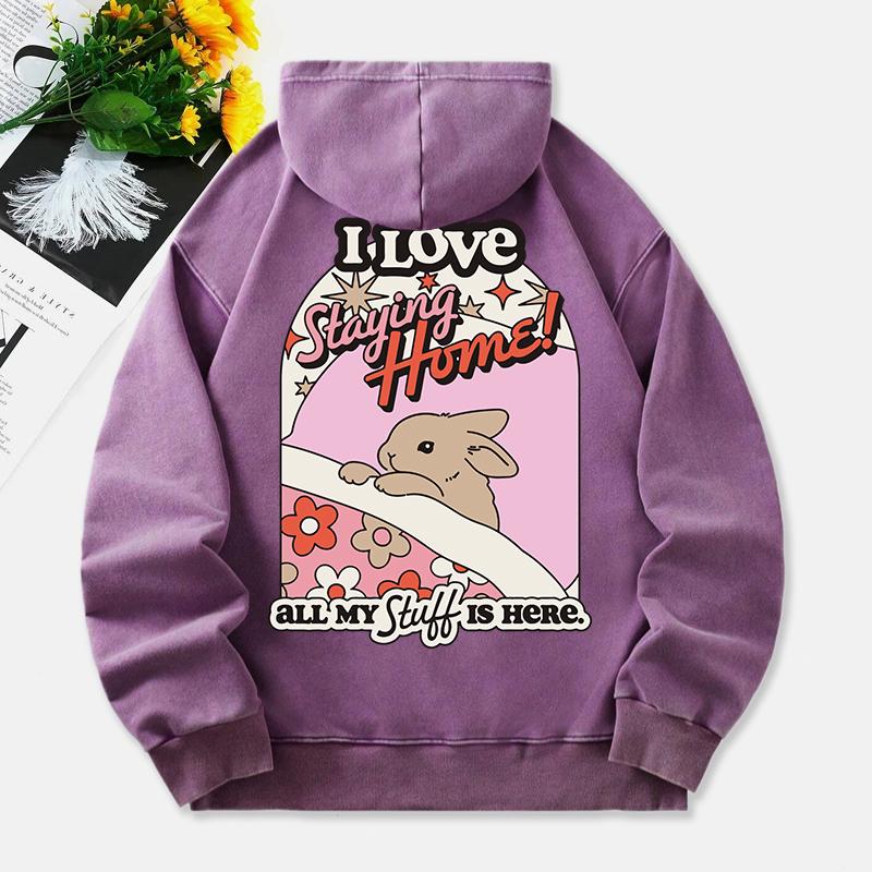 Miluji zůstávat doma Prané mikiny s kapucí Dámské Potisk králíka Bavlna Streetwear Nadměrné Kapsa Teplé Pulovry Oblečení