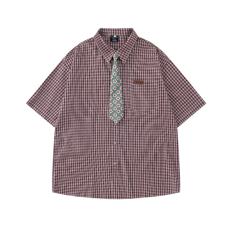 Japanese Retro Simple Plaid Short-sleeved Shirt Summer New Floral Tie Accessories Loose Casual Shirt for Men and Women