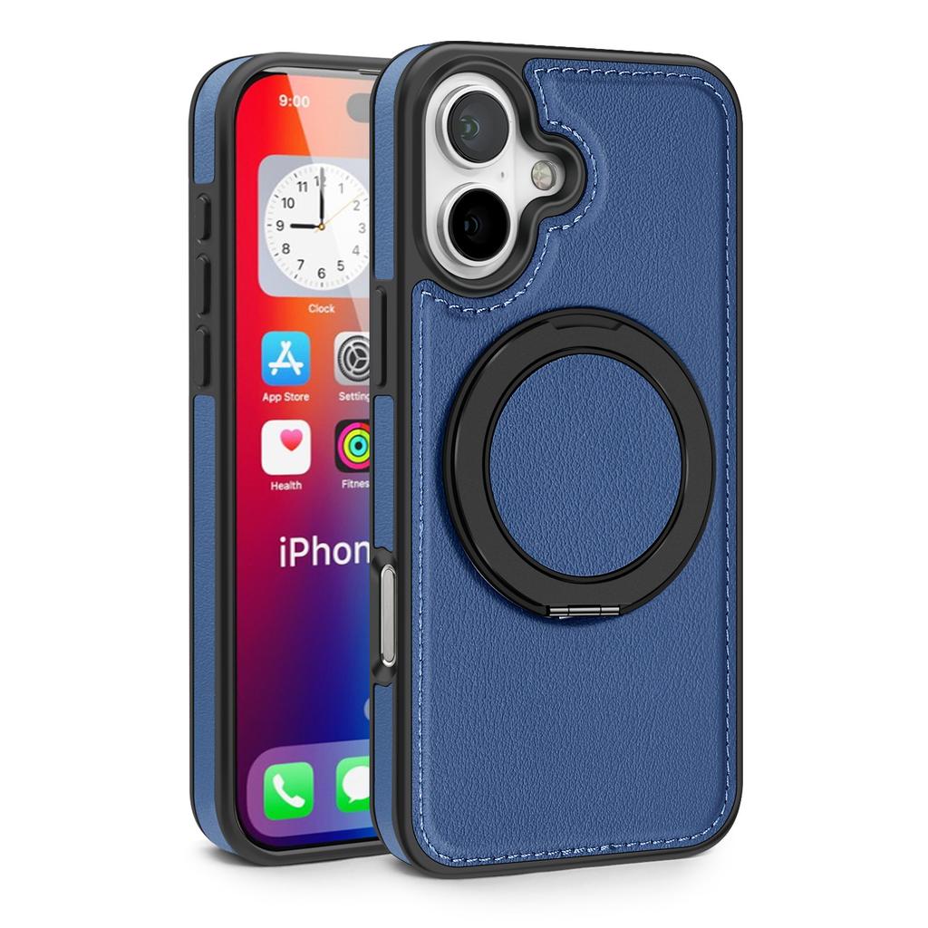 For iPhone 16 Magnetic Case Rotate Ring Kickstand PU Leather+PC+TPU Back Cover