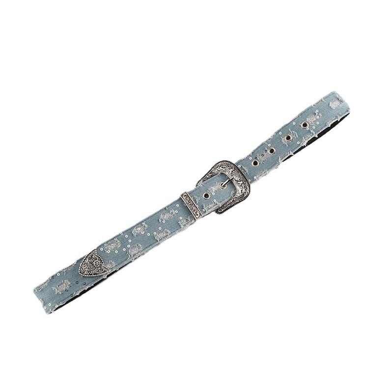 Cloth Retro Denim Carved Buckle Blue Waistband Adjustable Fit Fabric Material