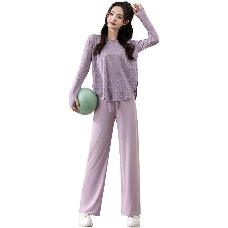 Women's Summer Casual Sportswear Set: 2024 Loose Long Sleeve Yoga Top with Sun Protection and Ice Silk Straight-Leg Pants