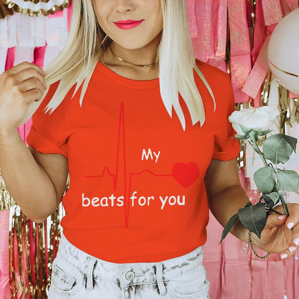 Couple Heart Beats for You Print T Shirt Causal Women Man Vintage Couples Matching Tshirt Short Sleeve Valentines Day Tees