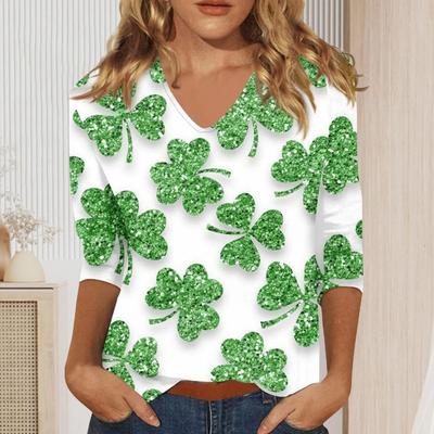 Spring T Shirt Clover 3d Printed T-Shirt Womens Fashion T-Shirt St Patricks Day 3/4 Sleeve Tops Tees Women T-Shirt Tops Clothing