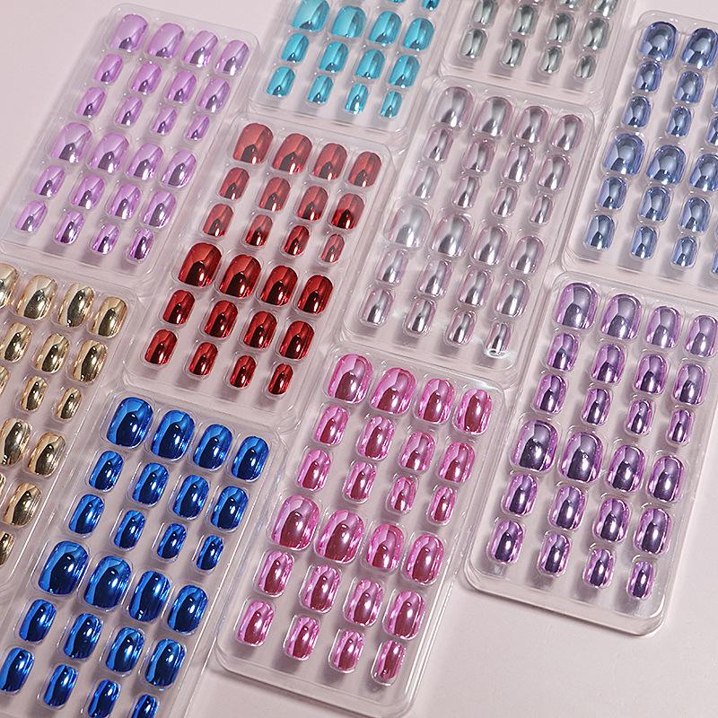 24 Piezas Espejo Cromado Uñas Infantiles Presionar Sobre Metálico Puntas de Uñas Postizas Pre-Pegadas Cortas Ovaladas Cobertura Completa Uñas Postizas Para Niñas Juguetes
