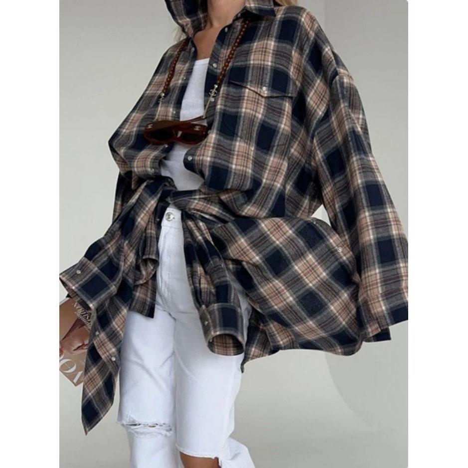 Koszula damska vintage oversize z długim rękawem w kratę bluzka topy jesień zima zapinana na guziki luźna z klapami i kieszenią koszula w stylu koreańskim