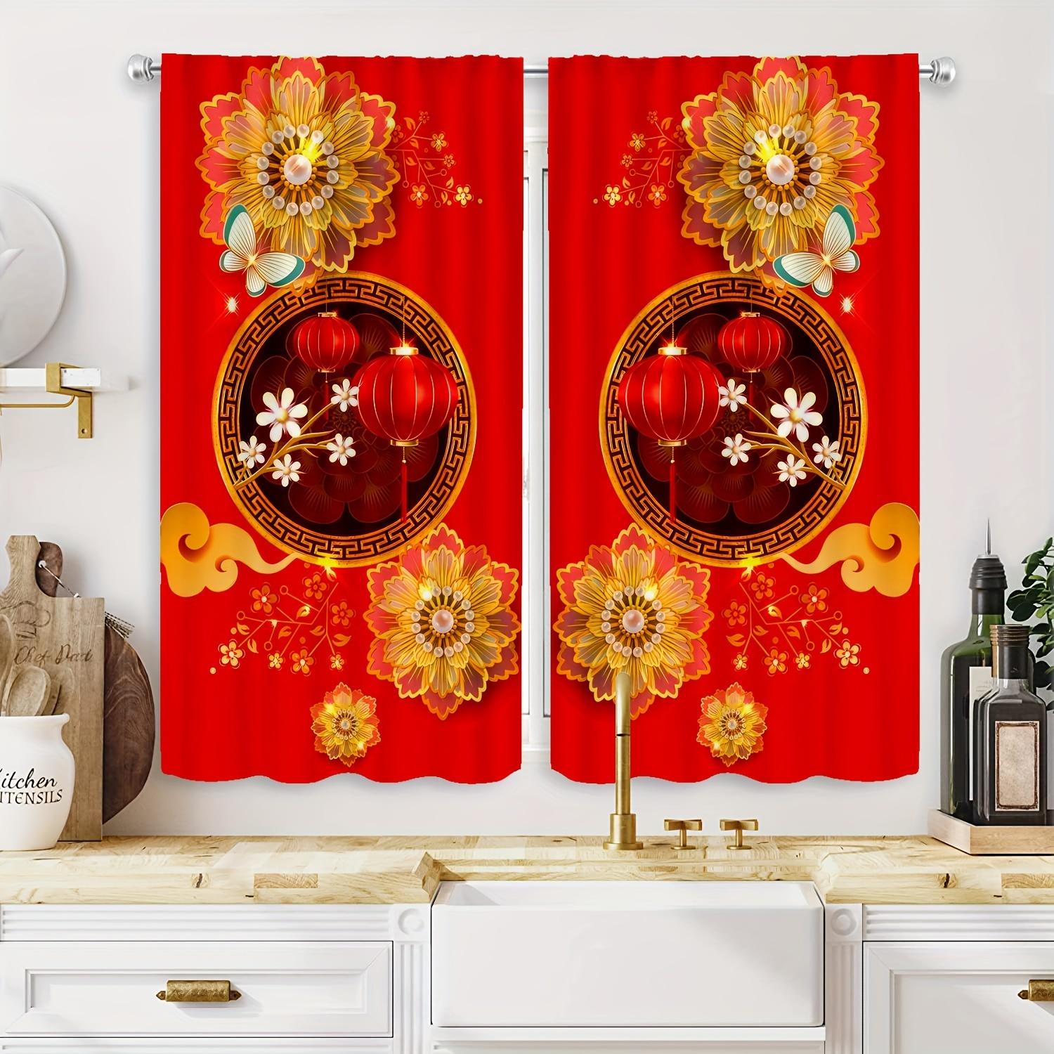 

Set Of 2 Chinese Red Peony Curtains Lantern Hd Digital Print Bedroom Study Window Decor New Year Theme Curtain For Made Polyester With Rod Pocket W100*H70(CM)-Grommet top&1PCS