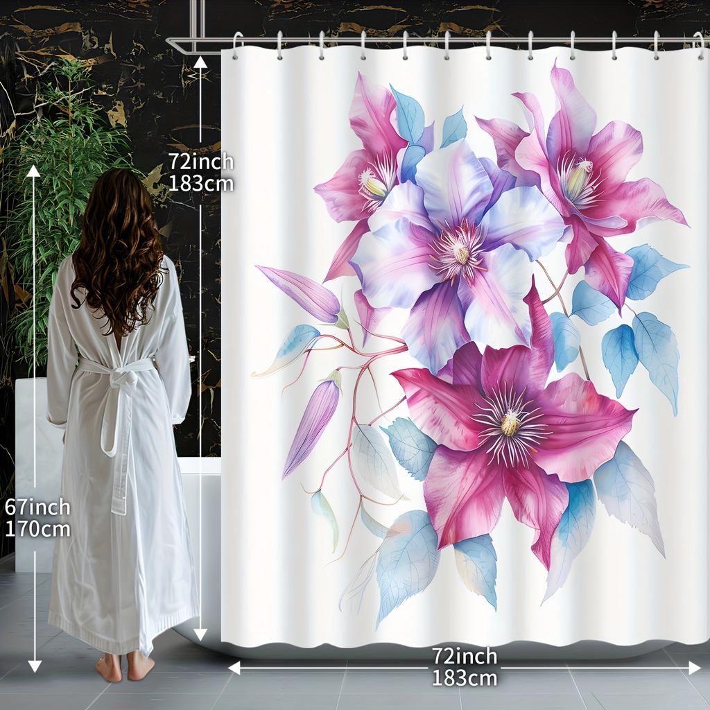 1Pc Watercolor Purple Flowers And Plants Shower Curtain, Decorative Printed Shower Curtain, Including 12 Hooks, Bath Curtains,