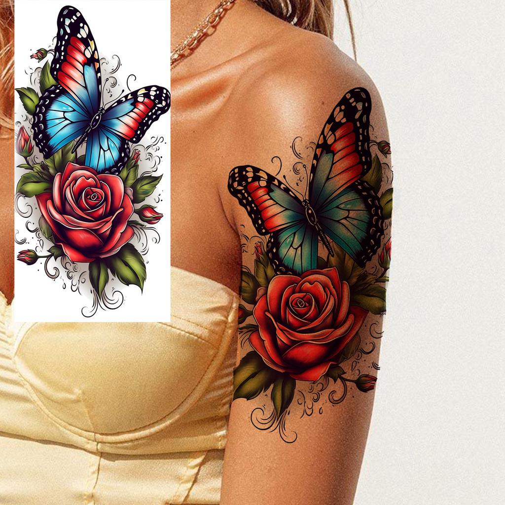 1 Sheet Butterfly Watercolor Flower Tiger Temporary Tattoos For Women Men Adults Fake Phoenix Parrot Lotus Tattoo Sticker Sleeve