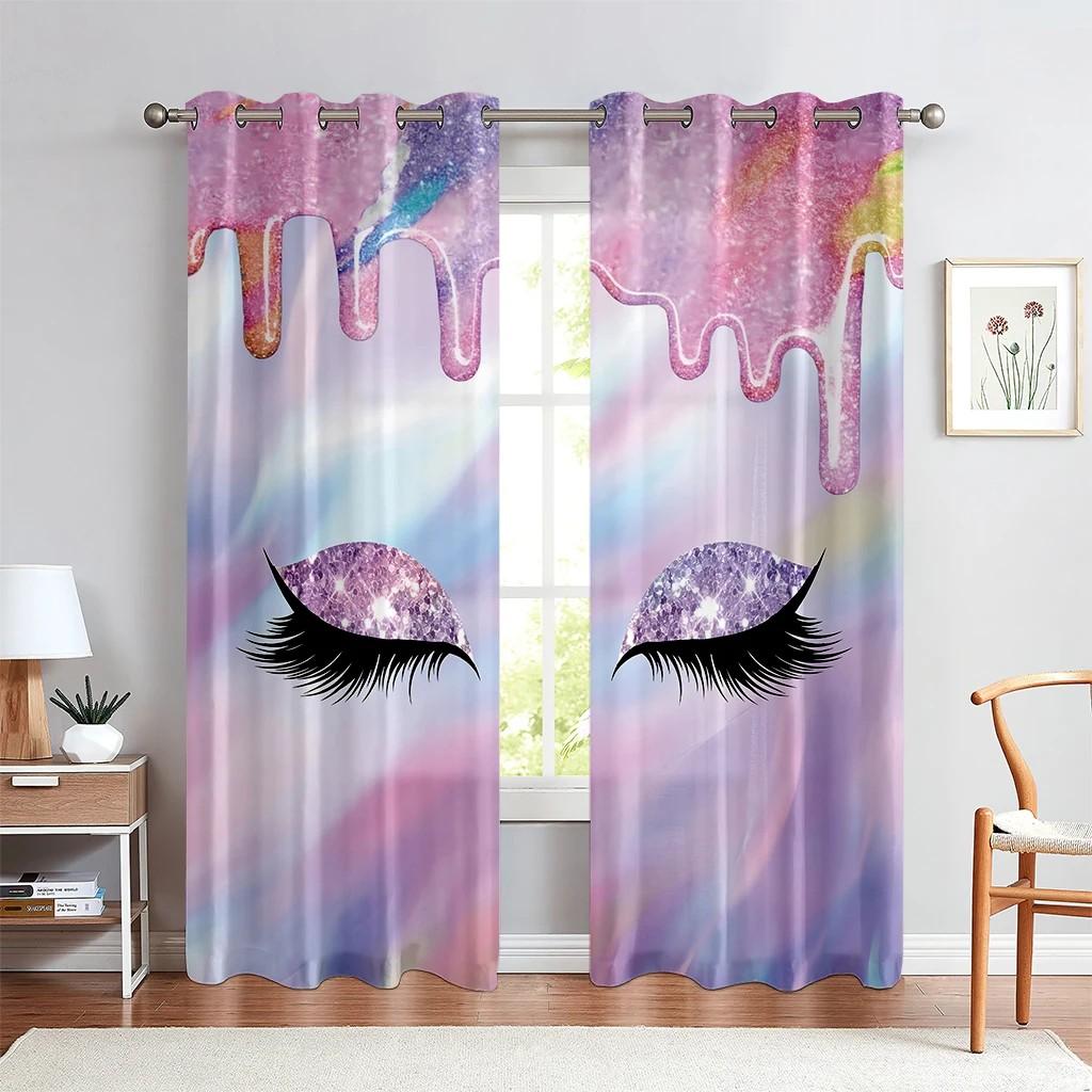 Window Curtains Cartoon Fantasy Unicorn Eyelashes Glittering Print Custom Curtains Girls Room Living Room Study Decoration 2PCS