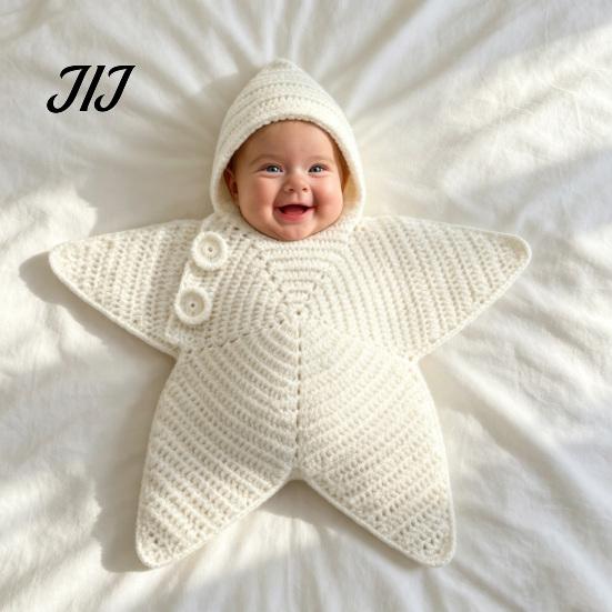 Seestern Schlafsack für Neugeborene Baby Schlafsack, Gestrickter Schlafsack mit Kapuze, Weiches Baumwollgarn Baby Wickeltuch Gemütliche Sternförmige Tragbare Decke, Neugeborene