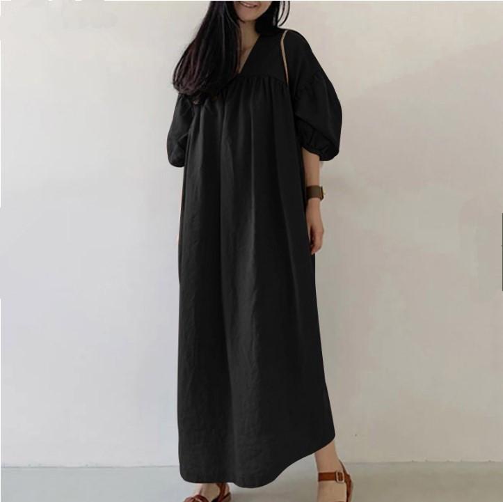 

Жіноча корейська мішкувата довга сукня з V-подібним вирізом і плісованими рукавами 3/4 L чорний