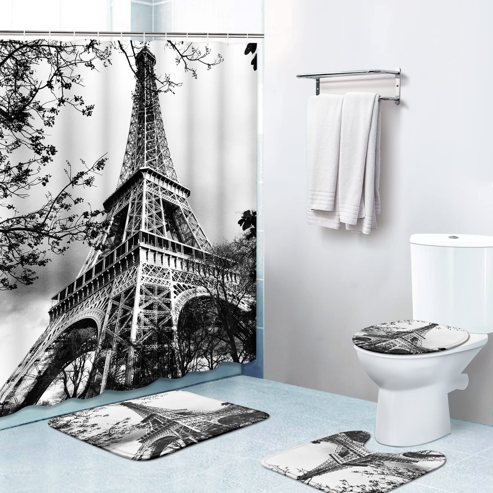 

Paris Eiffel Tower Shower Curtain Set With Rugs Waterproof Curtain Bathing Screen Anti-Slip Toilet Lid Cover Rugs Bathroom Decor W60H190(CM)-1 Pcs