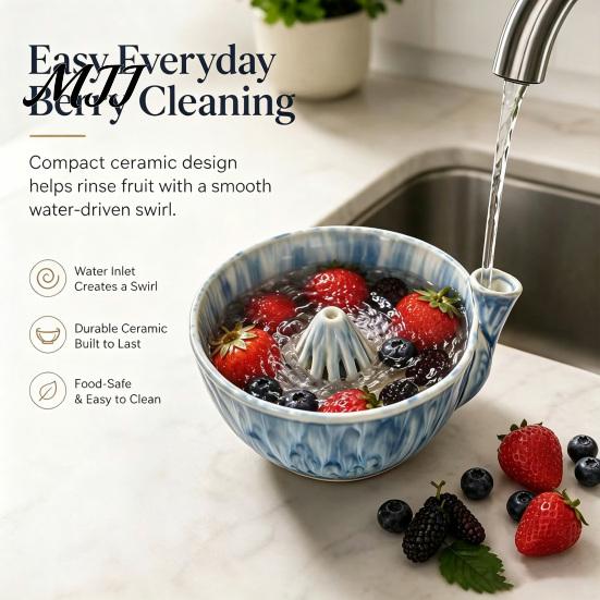 All In One Washing And Draining Bowl Ceramic Berry Swirl Bowl, Self Spinning Fruit Vegetable Cleaner with Healthy Kitchen Essentials for Produce