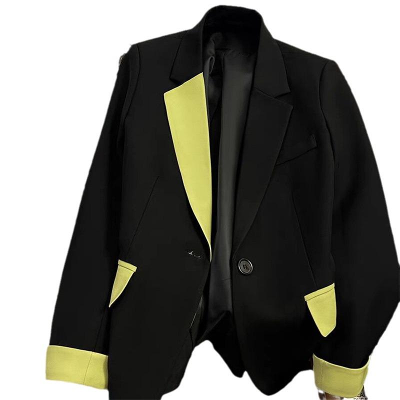 Dámské černé barevně blokované patchworkové sako - 2025 Nový stylový lehký luxusní oblek