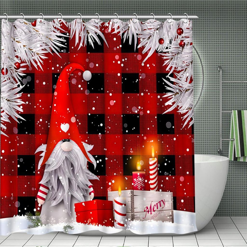 Marry Christmas Shower Curtain Red Drawf Printed Waterproof Polyester Bath Curtain For New Year Christmas Bathroom Decoration