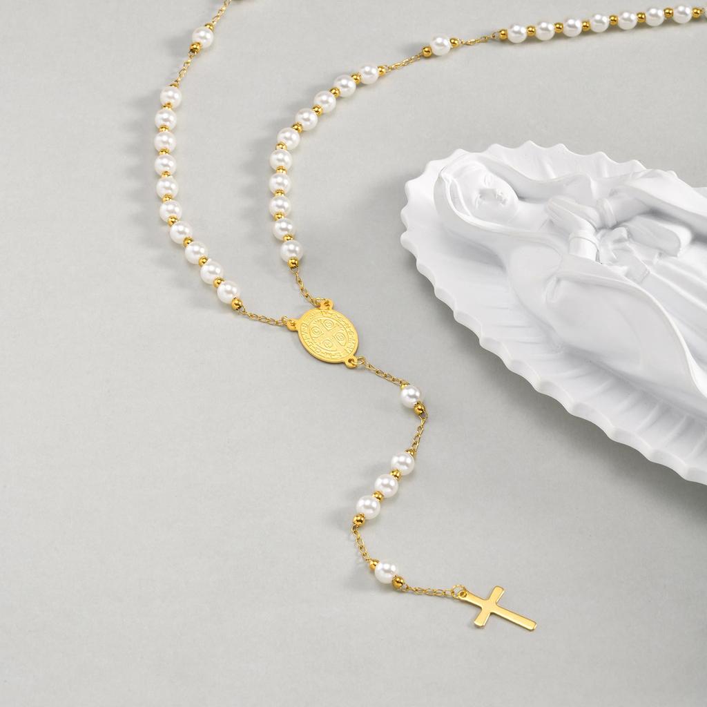 Holy Cross Rosary Virgin Necklaces Y-shaped, Women's Imitation Pearl Beaded Saint Benedict Necklace,Stainless Steel Jewelry Gift