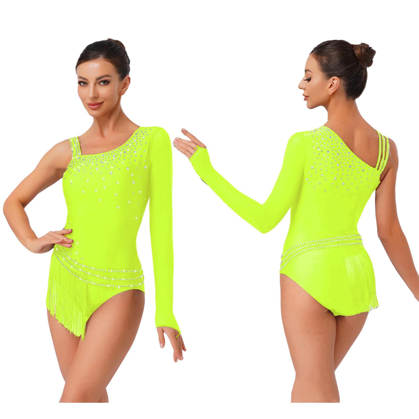 

Women s Gymnastics Figure Skating Leotard S-XXL: Asymmetric Shoulder Glittery Rhinestone Tassel Fringe Bodysuit for Latin Dance S флуоресцентний жовтий колір