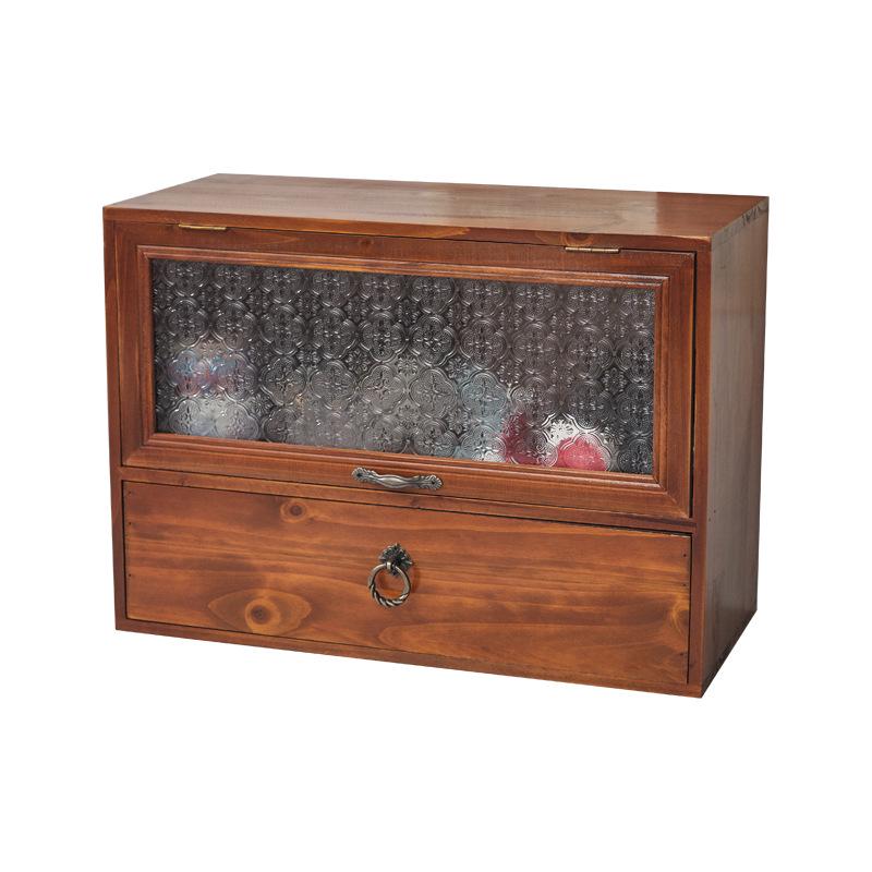 Retro Flip-Top Desktop Storage Box with Drawer and Cup Holder