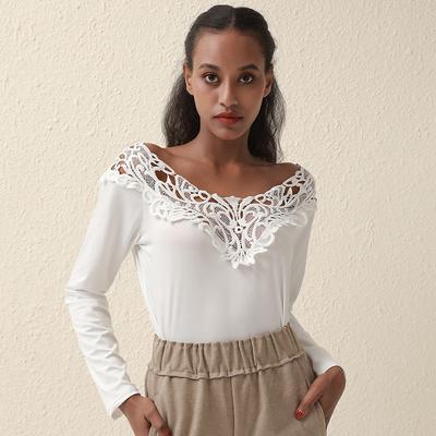 European and American Sexy Long-sleeved Lace V-neck Solid Color Stitching T-shirt Top