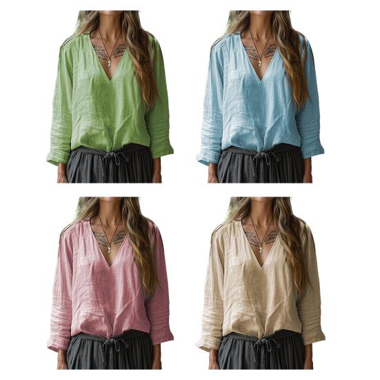 Damska Koszula z Długim Rękawem Dekolt w Serek Jednolity Kolor Casual Luźny Krój Top Uniwersalna Bluzka Praca Codzienna Impreza