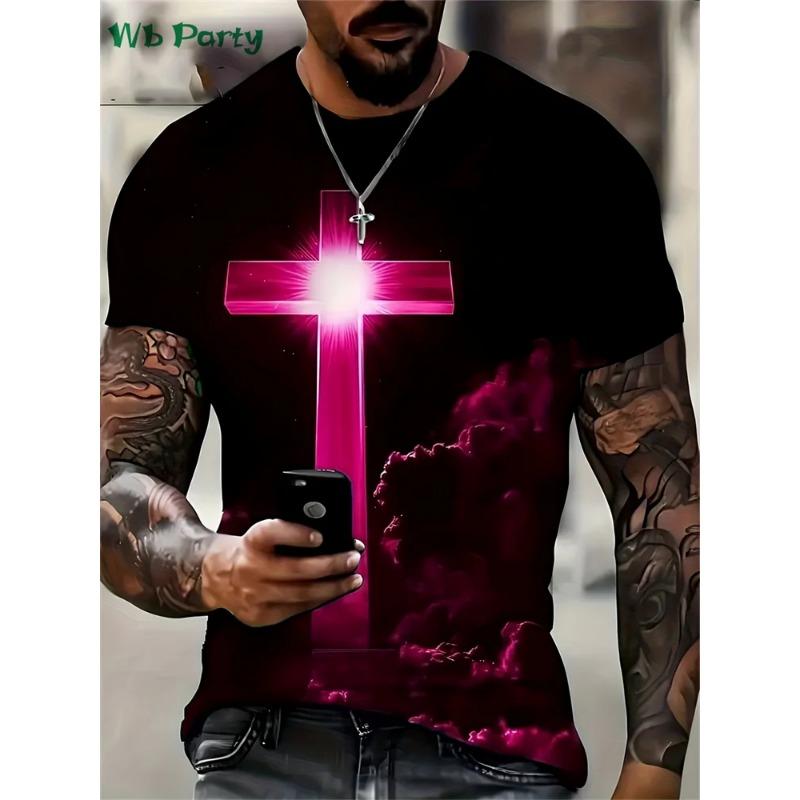 Fashion Crucifix 3D Print Mens Clothing Round Neck T-shirts for Men Casual Loose Men's Clothing Street T-shirts