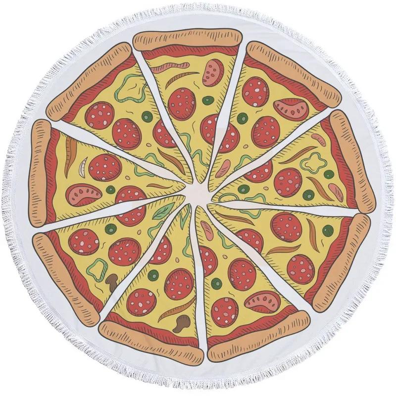 Printed Pizza Case Round Beach Towel 3D Print Microfiber Tassel Living Room Wall Hanging Tapestry Plush Yoga Mat