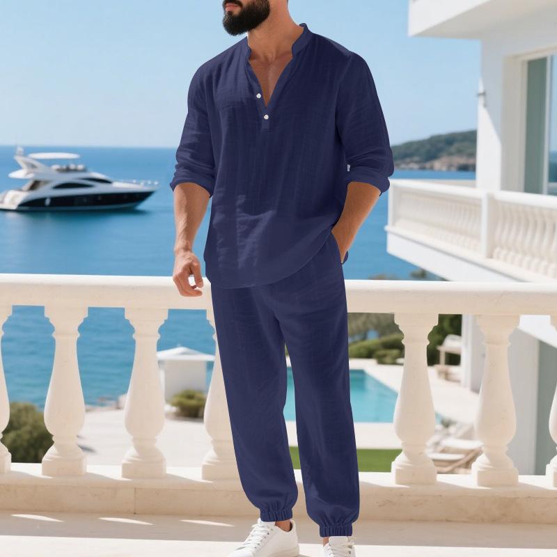 Men's Linen Henley Shirt and Pants Set Relaxed Fit Long Sleeve Holiday Lounge Two Piece Outfit