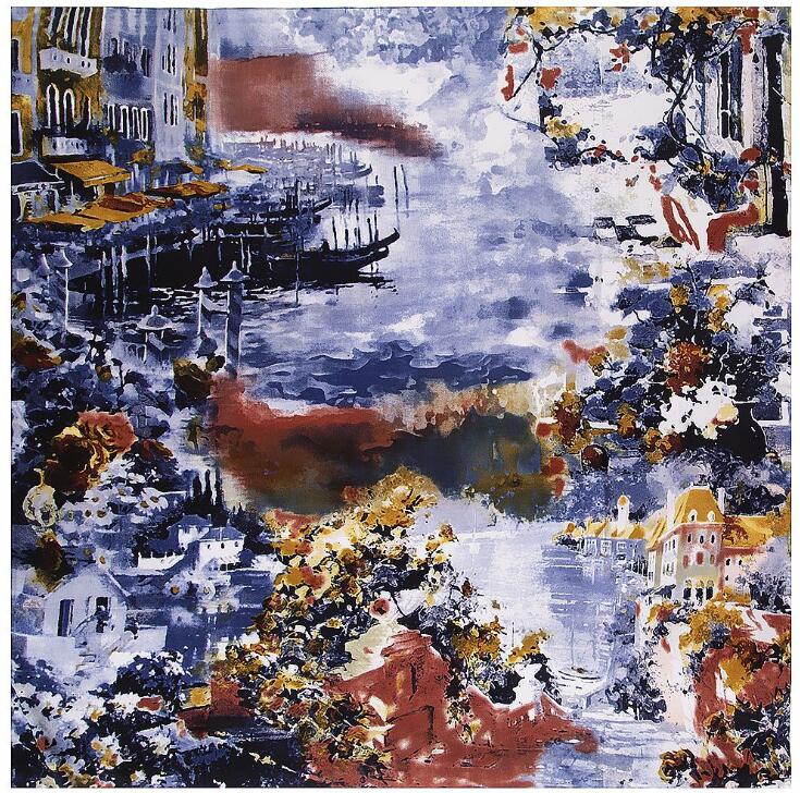 New Luxury Brand Silk Scarf Women Countryside House Oil Painting Print Hijab Scarves Female 130cm Square Shawl Scarves