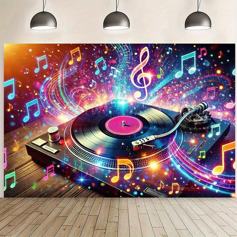 

DJ Turntable Music Notes Tapestry Colorful Sound Waves Vinyl Record Party Decor 2D Flat Printing Backdrop for Music Lovers 74x94cm(29x37in)